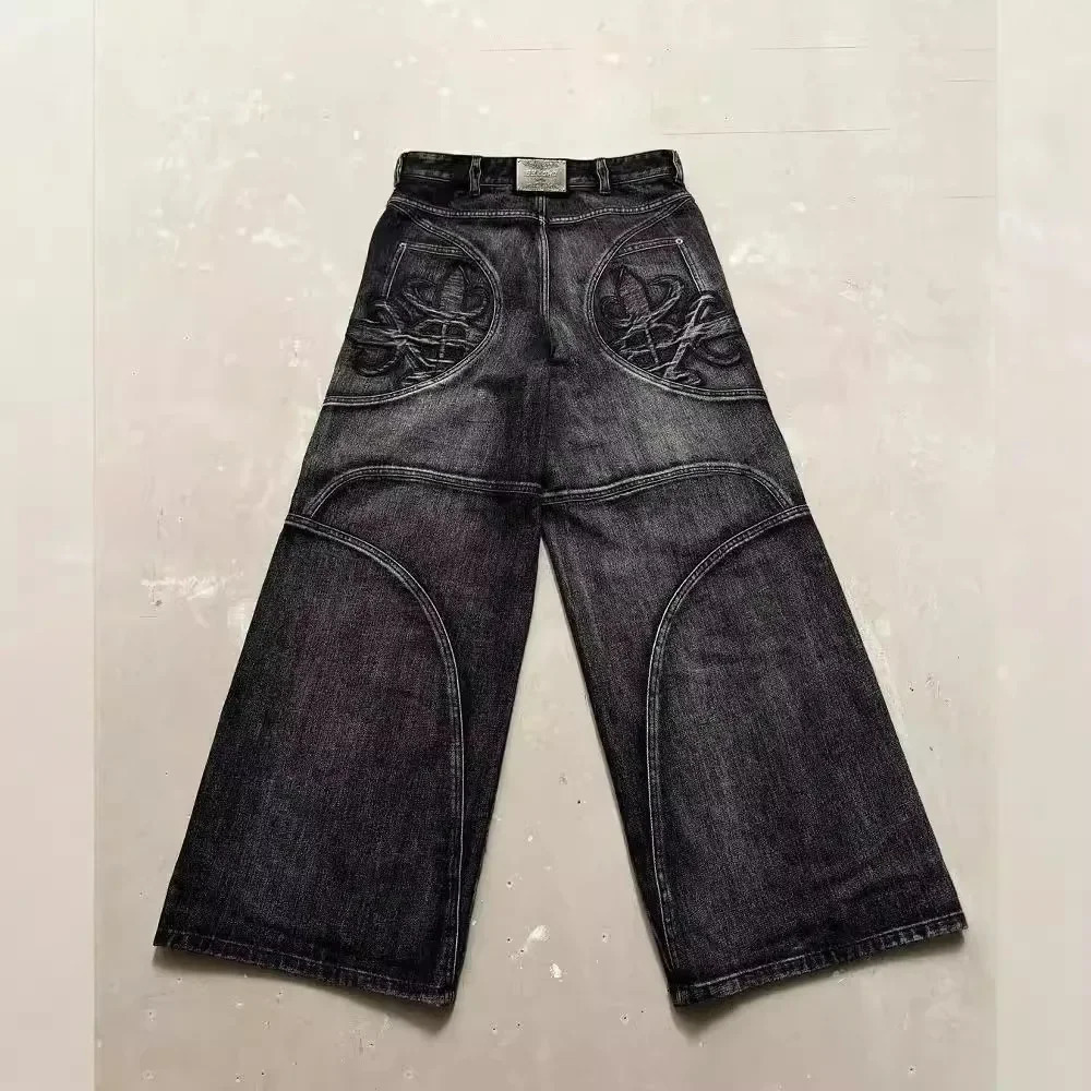 Vintage Y2K Straight-Leg Denim Pants Mens Casual Bell Bottoms Loose Fit Cross-Border Washing Black Jeans For Streetwear 250317