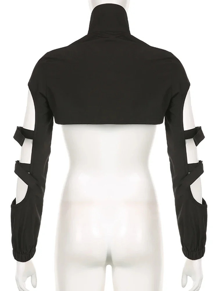 Hollow Out Techwear Fashion Cargo Cardigans Cyber Gothic Zip Up Sexy Crop Jackets Y2k Punk Turtleneck Streetwear Tops 250322