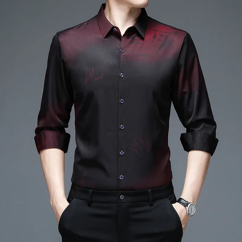 Wine red black mens dresses fashion long sleeved slim fit wrinkle resistant soft highquality shirts 250326