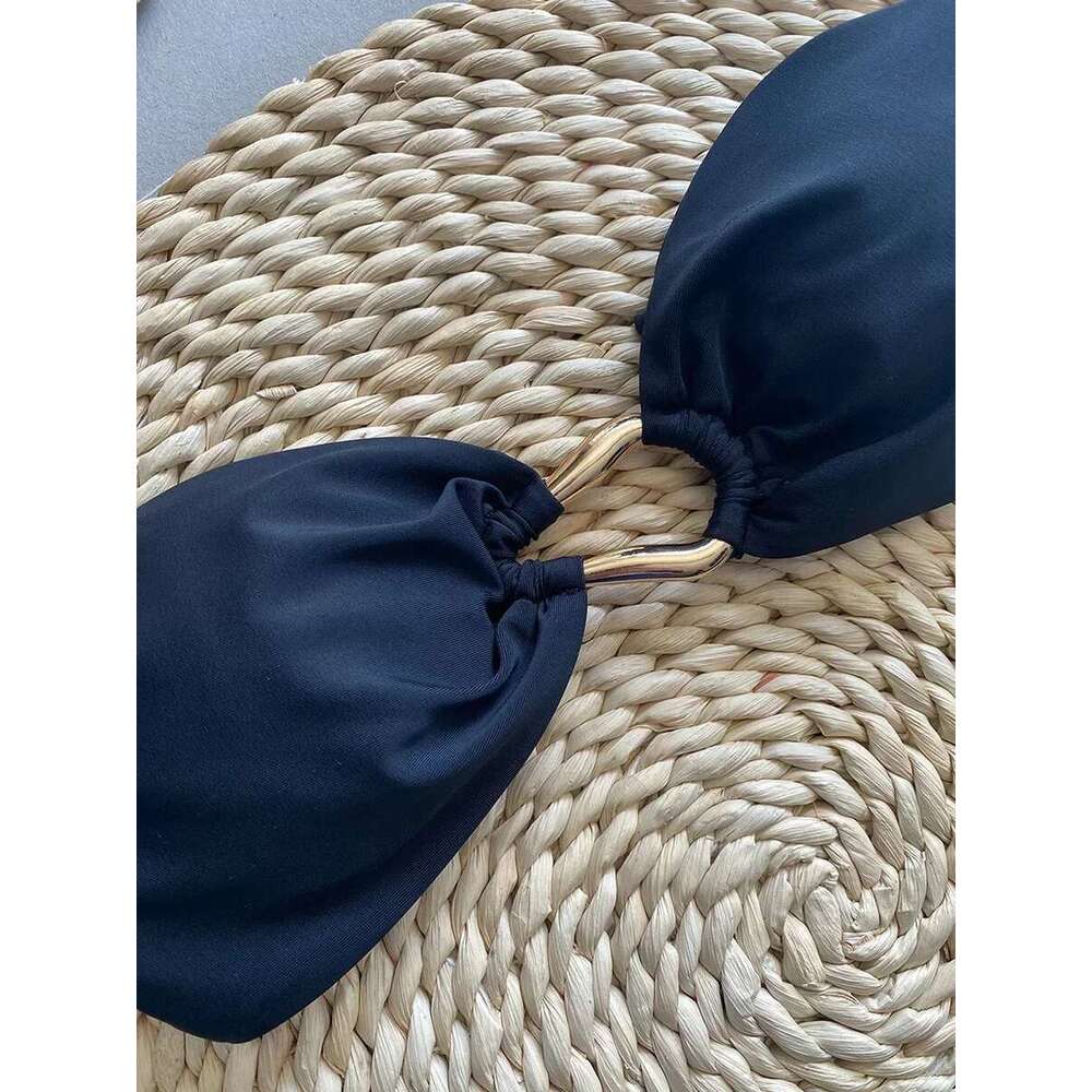 Bandeau High Sexy Cut Metal Rings Female Swimsuit Women Swimwear Two-pieces Bikini Set Bather Bathing Suit Swim Beachwear