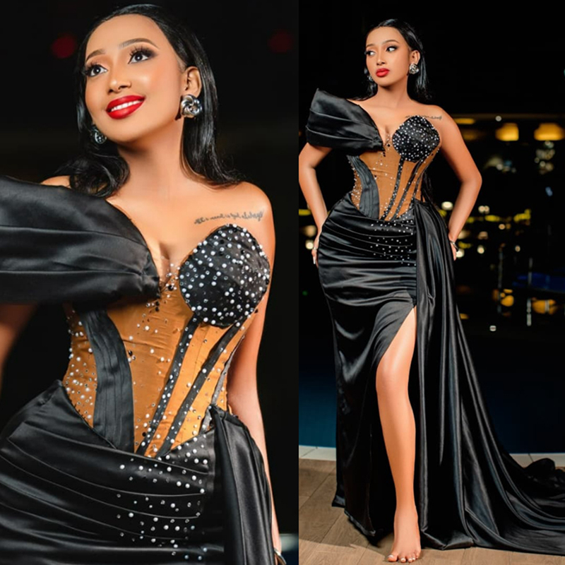 2025 Black Aso Ebi Prom Dress Mermaid Prom Dresses Formal Gowns Illusion Sheer Neck Side Split Beaded Lace Birthday Second Reception Gowns For African
