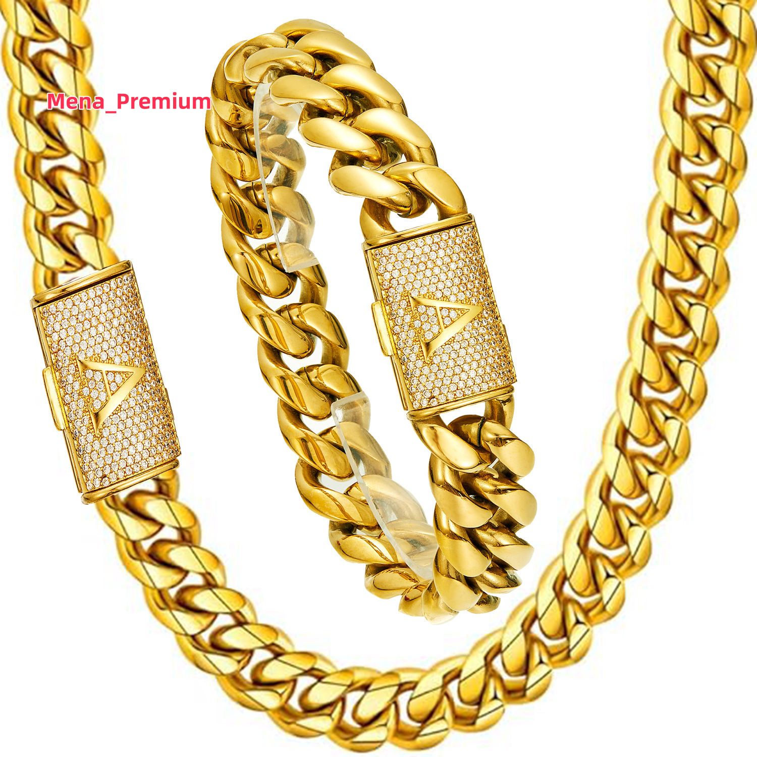 26 Letters Alphabet Iced Out Buckle Stainless Steel Cuban Link Necklace Bracelet for Men | 18K PVD Gold Plated HIP Top Jewelry