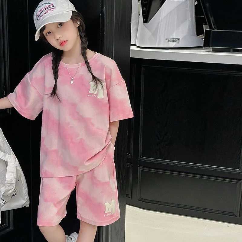 Girls summer set loose short sleeved top+shorts two-piece set fashionable printed design street style casual wearT250327