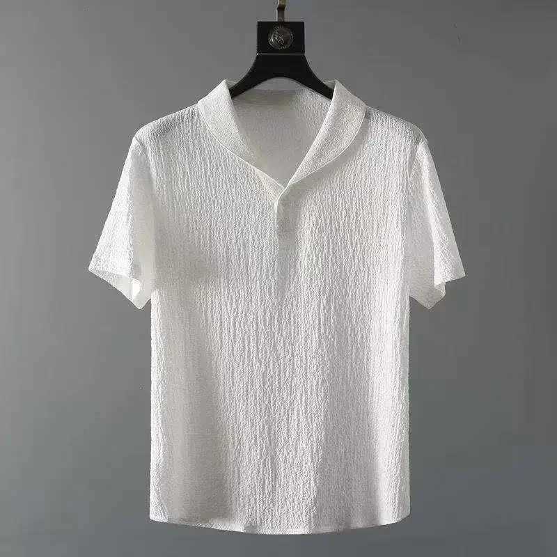 Summer fashion mens cotton linen 2-piece casual sportswear shawl collar white short sleeved T-shirtXJ250326