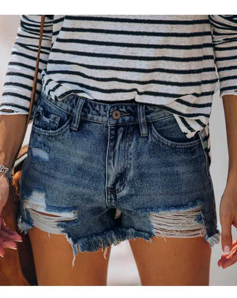 2025 Summer New Womens Ripped Denim Shorts Fashion High Elastic Tassel Straight Jeans Shorts Casual Sexy Ladies ShortsC250327