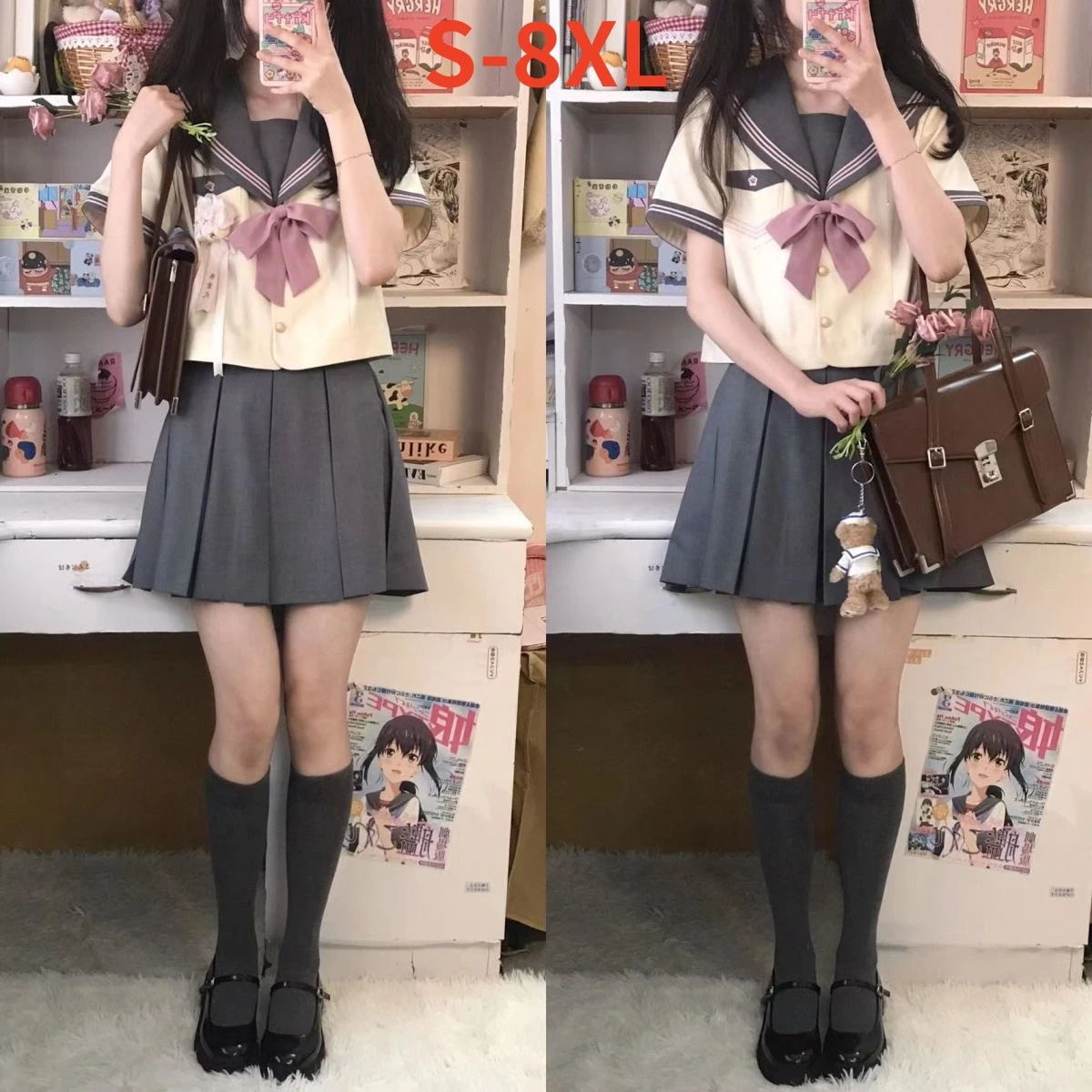 S8xl Plus size Japanese school uniform Jk bow pleated ski suit student sailor womens short sleeved 250326
