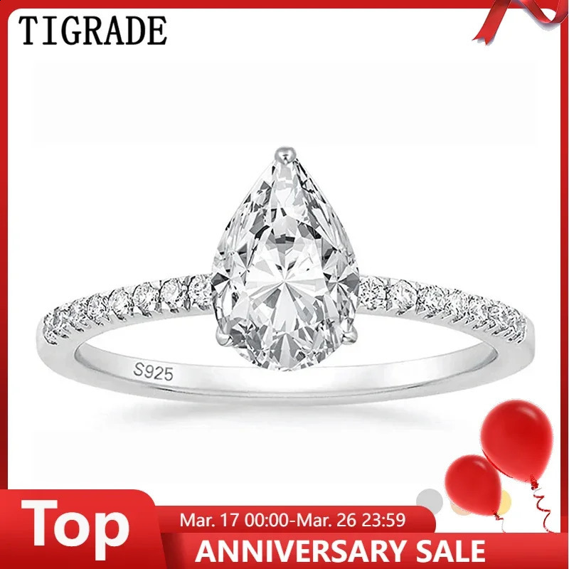 Tigrade 2CT 925 Sterling Silver Engagement Rings Pear Cut 5 Cubic Zirconia CZ Wedding Promise Rings for Her Stunning Teardrop 250327