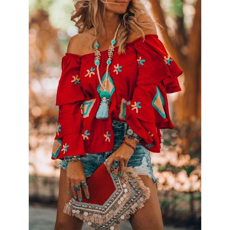 Dongdumaoyi Damesshirt In Bohemien Stijl Met Lange Mouwen Herfst Nieuwe Rode Casual Damestop A