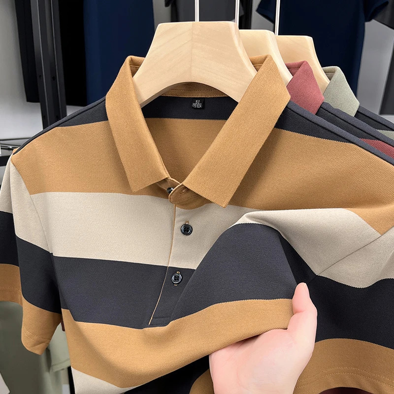High quality trendy short sleeved mens polo shirt summer project ice silk breathable Korean casual collar Tshirt 250327