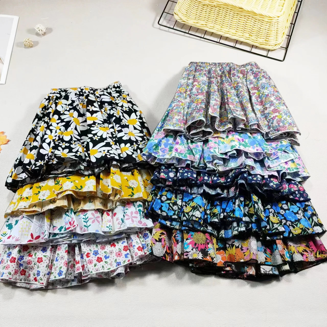 Girls Cotton Floral Princess Hundred Fold Skirt Sweet Big Elastic Waist Mini Childrens Skiing 250312