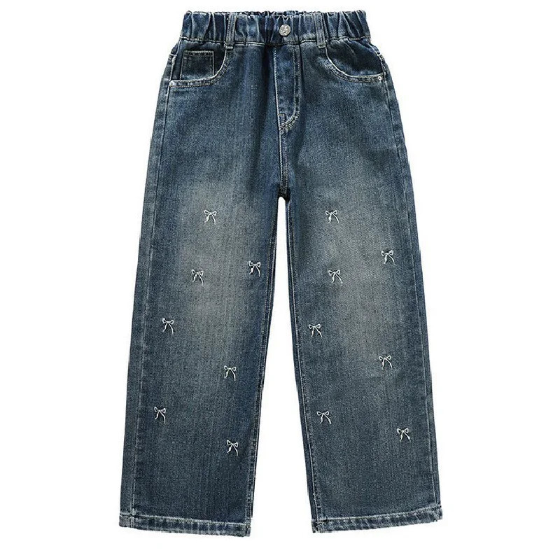 Girls Bow Jeans Spring Childrens Elastic Straight Autumn Youth Printed Wide Leg Trouser Fashion Pants 250325