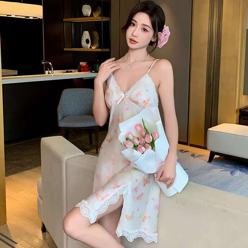 Premium Ice Silk Ral Printed Pamas Sweet Honeymoon Nightwear Sleepwear Sexy Lace Night Dresses For Woman