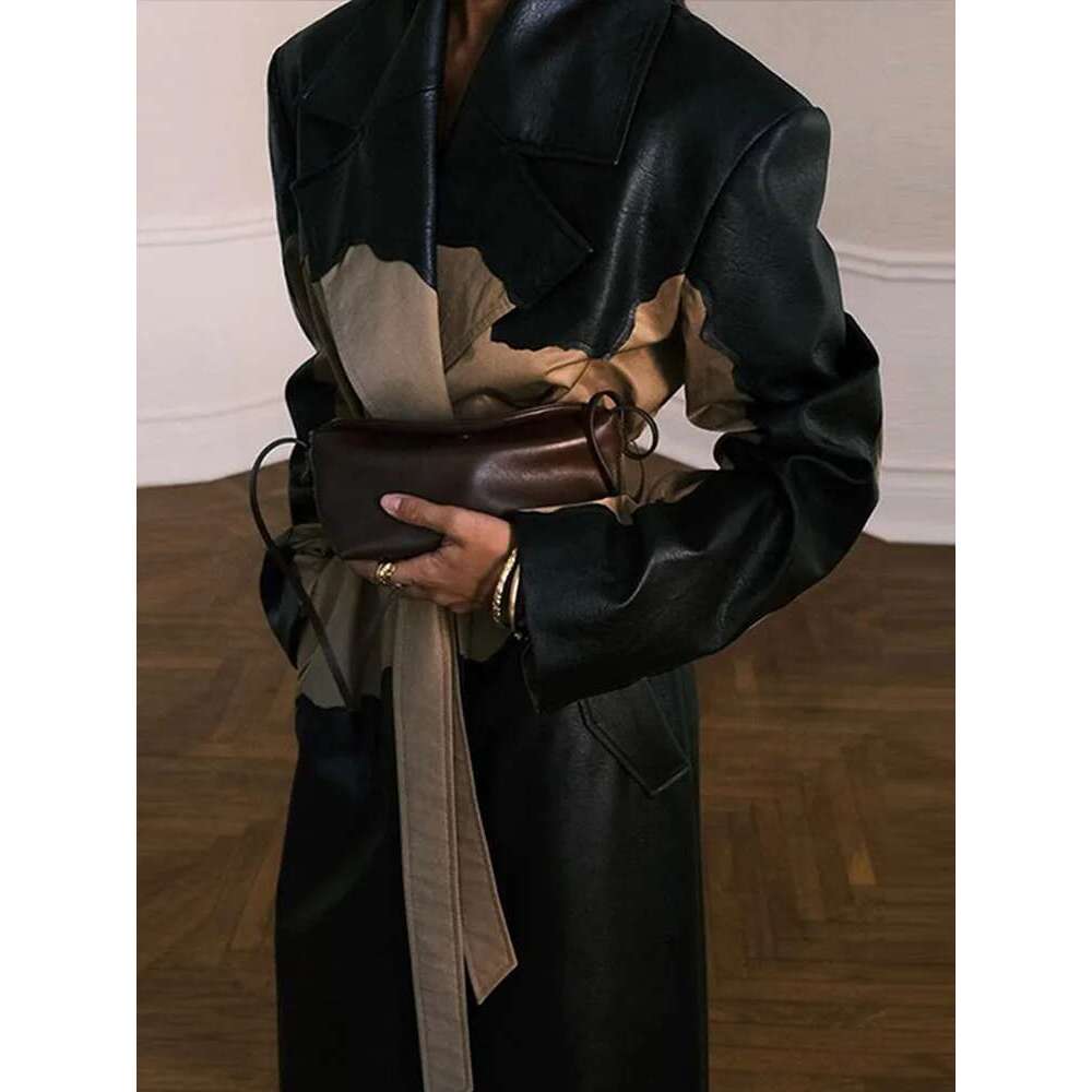 Women's Coat Elegant Contrast Leather Trench Coat Women Lapel Single Breasted Split Female Overcoat With Belt Autumn Winter Lady Outwear