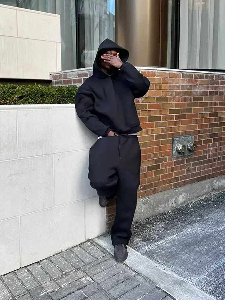 Autumn jogging sweatshirt Trouser set casual solid couple hooded sweatshirt and loose sweatpants 2-piece set for menXJ250326