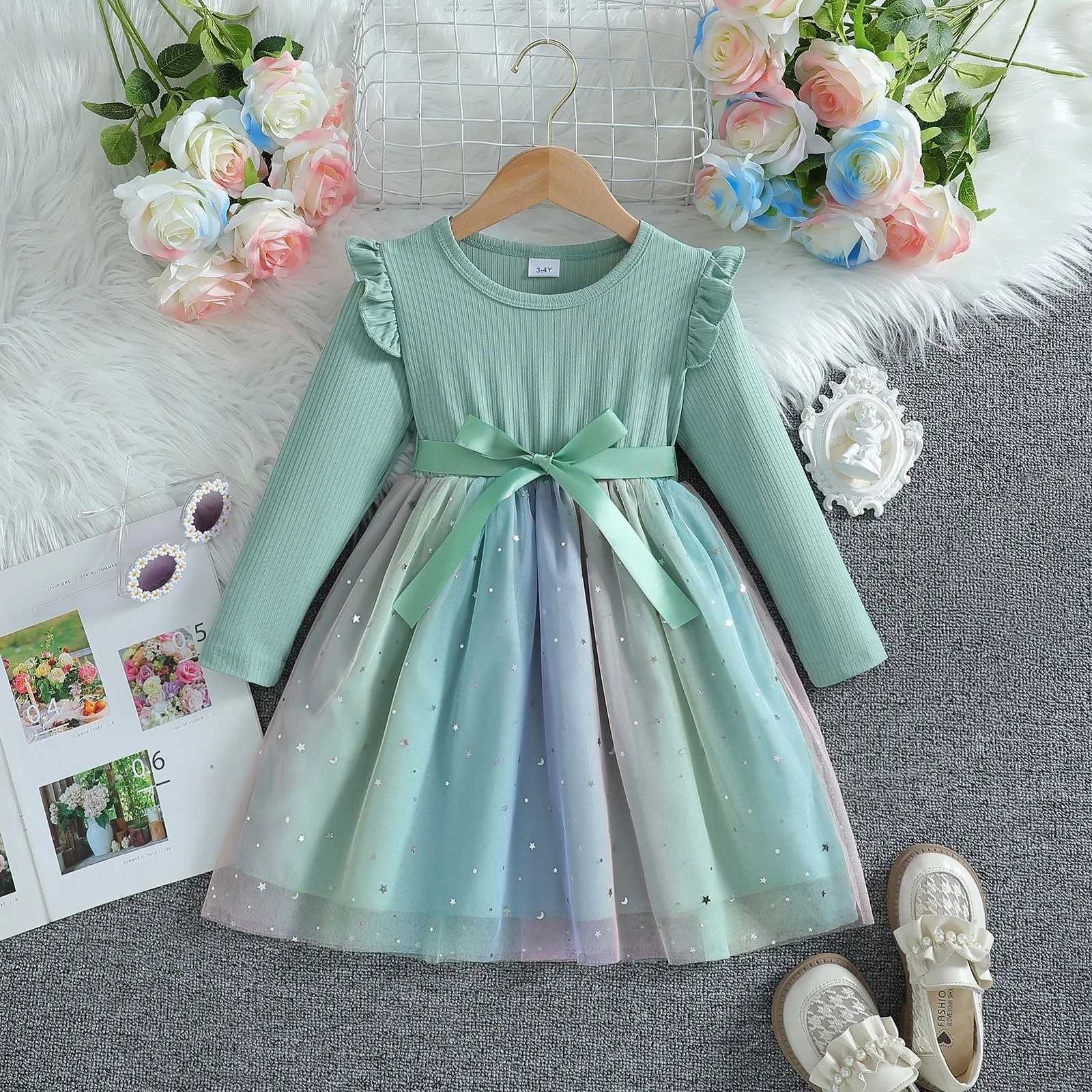 Girl Dress Blue Autumn Princess Dress Childrens Clothing Birthday Par Dress Pink Sleeping Childrens Fashion Rainbow 1-6Y W250326