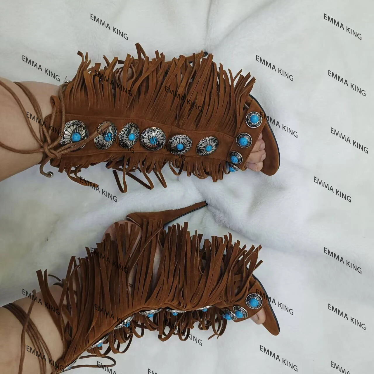 Summer 2025 Womens Brown Black Suede Cross Lace Metal Round Stripped Toe Thin Heel Ankle Sandals 44 250317