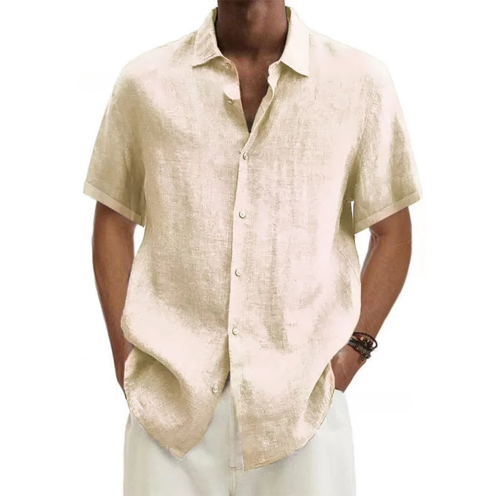 Mens cotton linen selling mens short sleeved summer solid color lapel casual beach style plus size top 250326