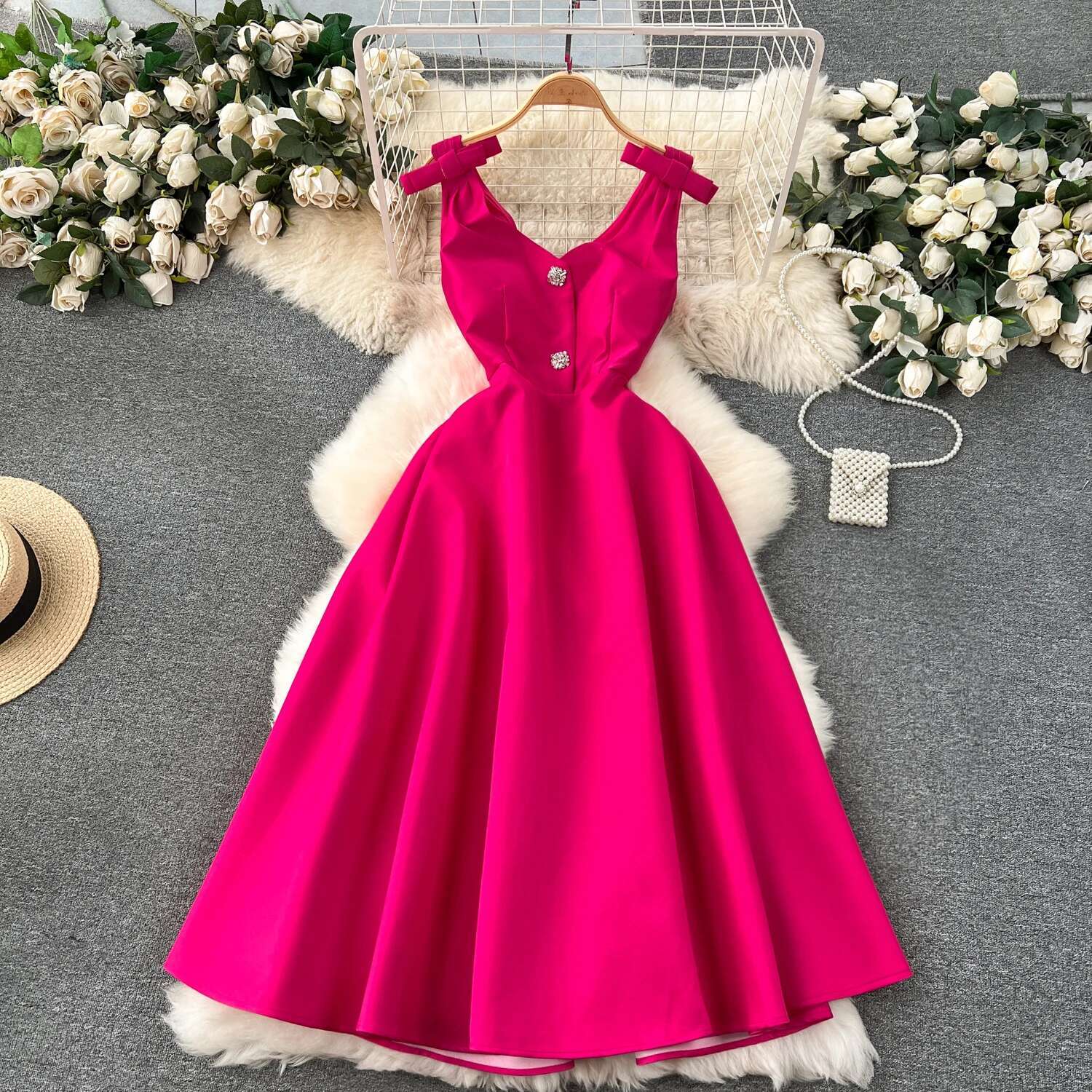 Elegant Sweet High Waist V-Neck Rhie Sleeveless Dress Vacation Slim Women Summer Party Hip Wrap Dresses