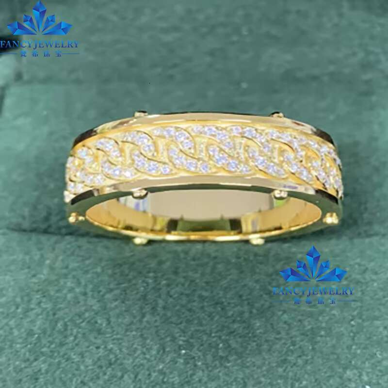 Mens Fine Jewelry Iced Hip Hop Cuban Link Ring 18K Gold Plated 925 Sterling Silver VVS Moissanite Diamond Wedding Engagement