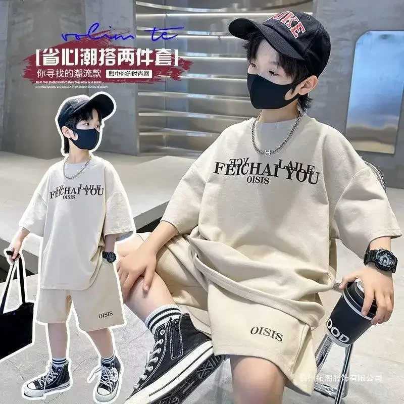 Childrens boutique clothing boys summer letter zipper T-shirt and shorts 2-piece set youth boys sportswear gym track and field clothing 6-16yT250327