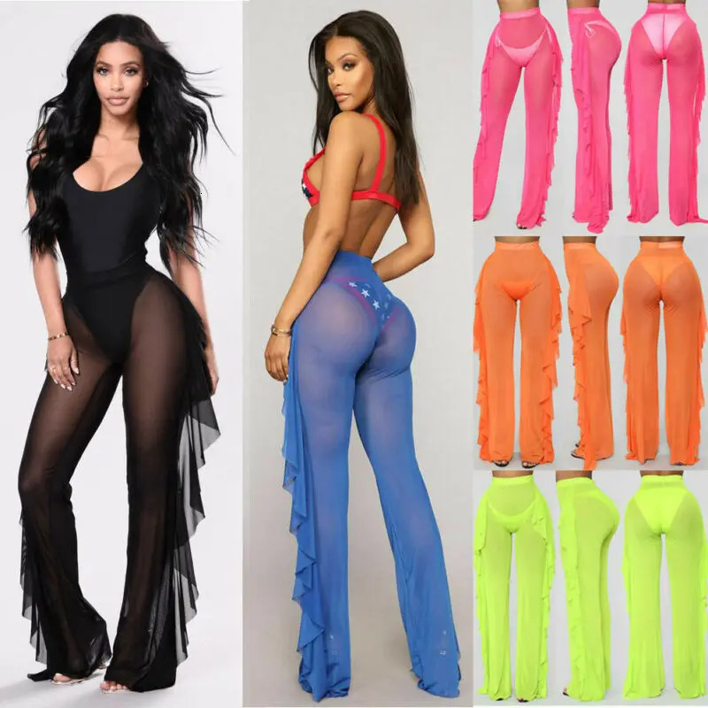 Summer Womens Beach Mesh Ruffle Transparent Wide Leg Pants Trouser Bikini Cover 250326