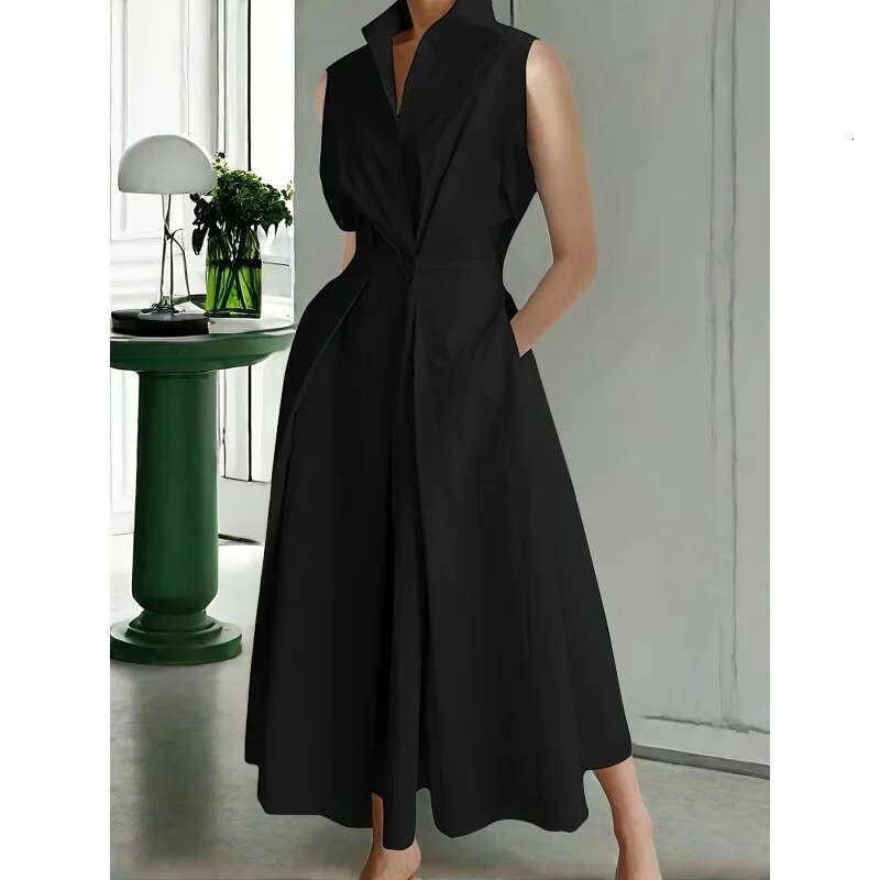 Dongdumaoyi Elegante Midi Effen Kleur Revers Lange En Mouwloze Jurk Voor Alle Seizoenen WD