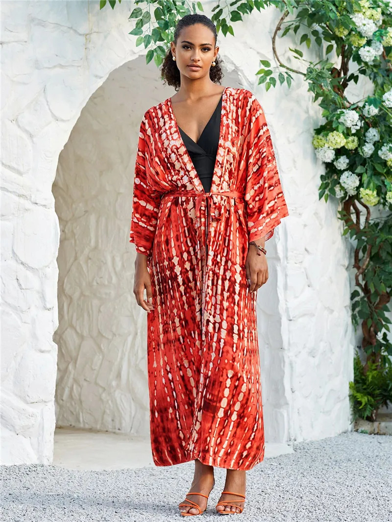Womens long kimono swimsuit fashionable tie dye open seaside swimsuit 250324