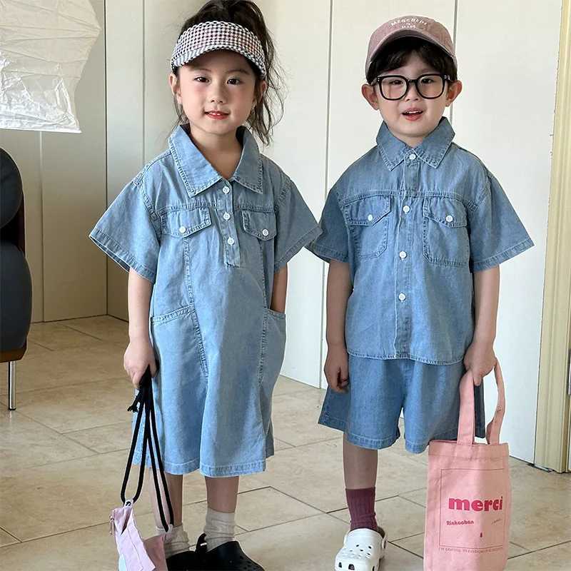 Childrens Clothing 2025 Summer New Boys Denim Set or Girls Dress Casual Brothers and sisters ClothingT250327