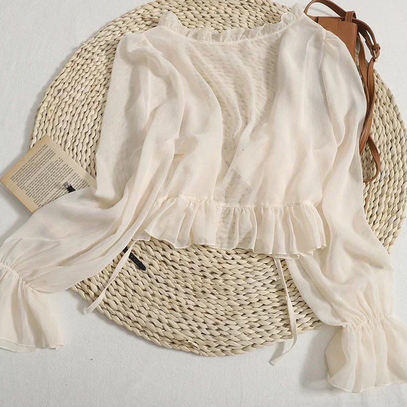Chiffon Sunshade Shirt Womens Summer Ice Silk Pure Thin Sweet Ruffle Dress Vneck Open Fleece Sweater 250326