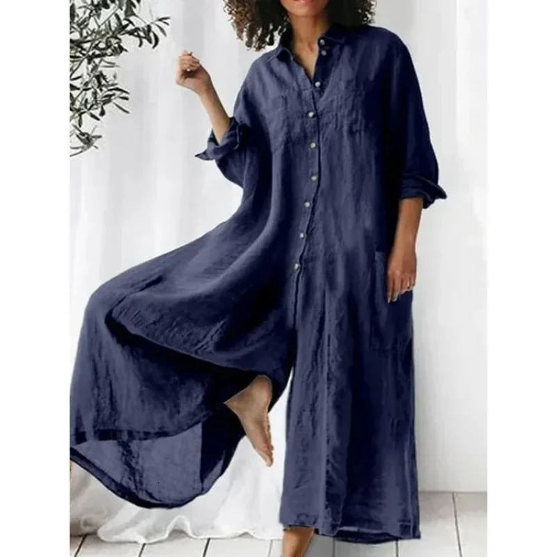 solid color casual cotton linen loose wide leg pants long shirt jumpsuit womens fashion with size comfort mens style 250326