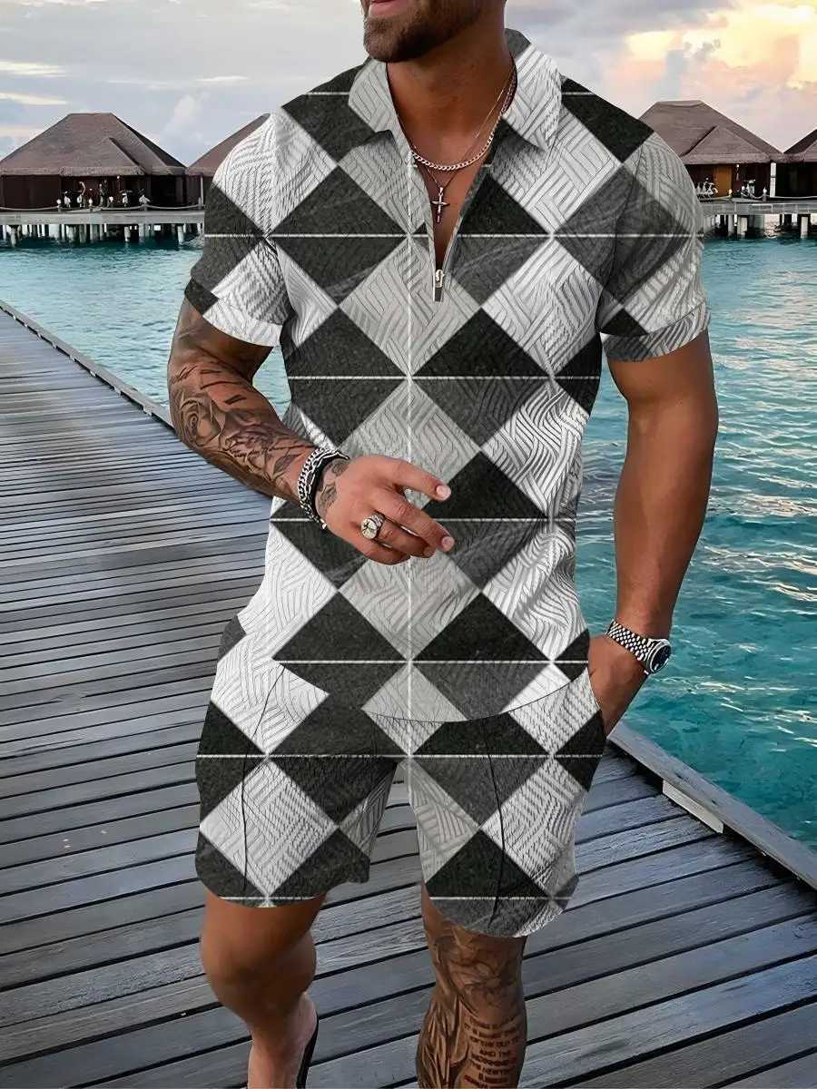 Color Gradient 2-piece Golf Summer Fashion Mens Polo Shirt Short Sleeve+Shorts Set Casual Beach SetXJ250326