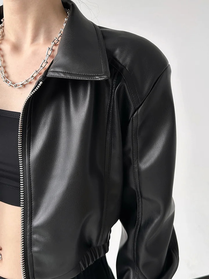 Jacket PU Leather Womens Black Collar Long Sleeve Crop Coat American Retro Street Clothing Zipper Fashion Casual Womens Clothing 250322