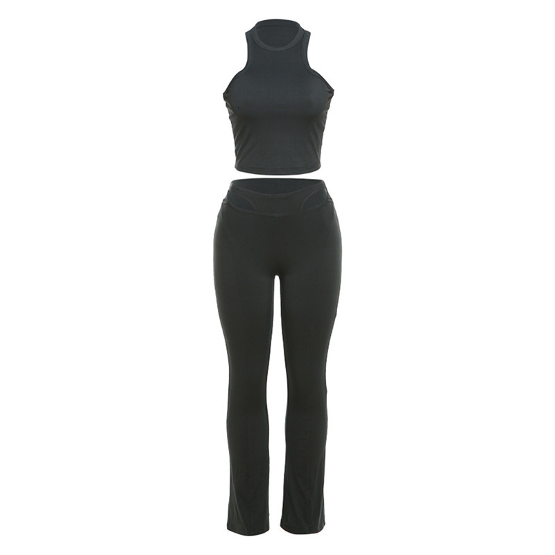 Designer Set 2025 Spring New Sexy Open Umbilical Cord Top Slimming Tank Top High Waist Pants Hollow Tight Pants Casual Women's Set Black Trendy D