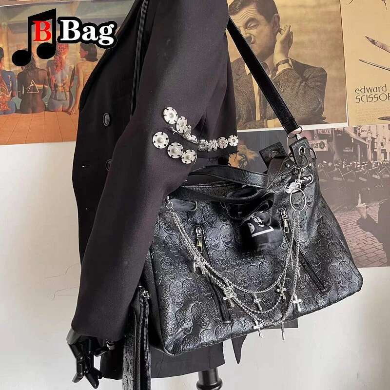 Y2k Women Girls Gothic Skulls Printing Leather Shoulder Bags Totes Female Punk Cross Chain Large Capacity Messenger Bag Handbag