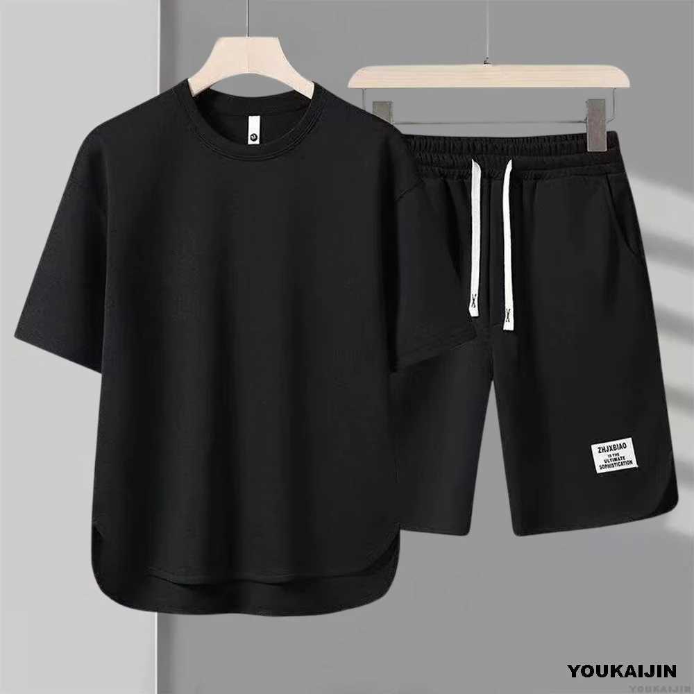 Mens Xinhua Biscuit Summer Set 2025 Korean Casual T-shirt+Shorts Set Mens Solid Color Loose SetXJ250326
