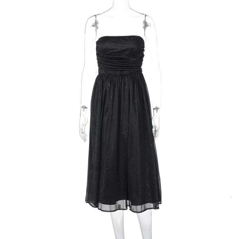Dongdumaoyi Lente Elegante Zoete Pittige Effen Kleur Sexy Bustier Off Shoulder Pailletten Dubbellaags Damesjurk C