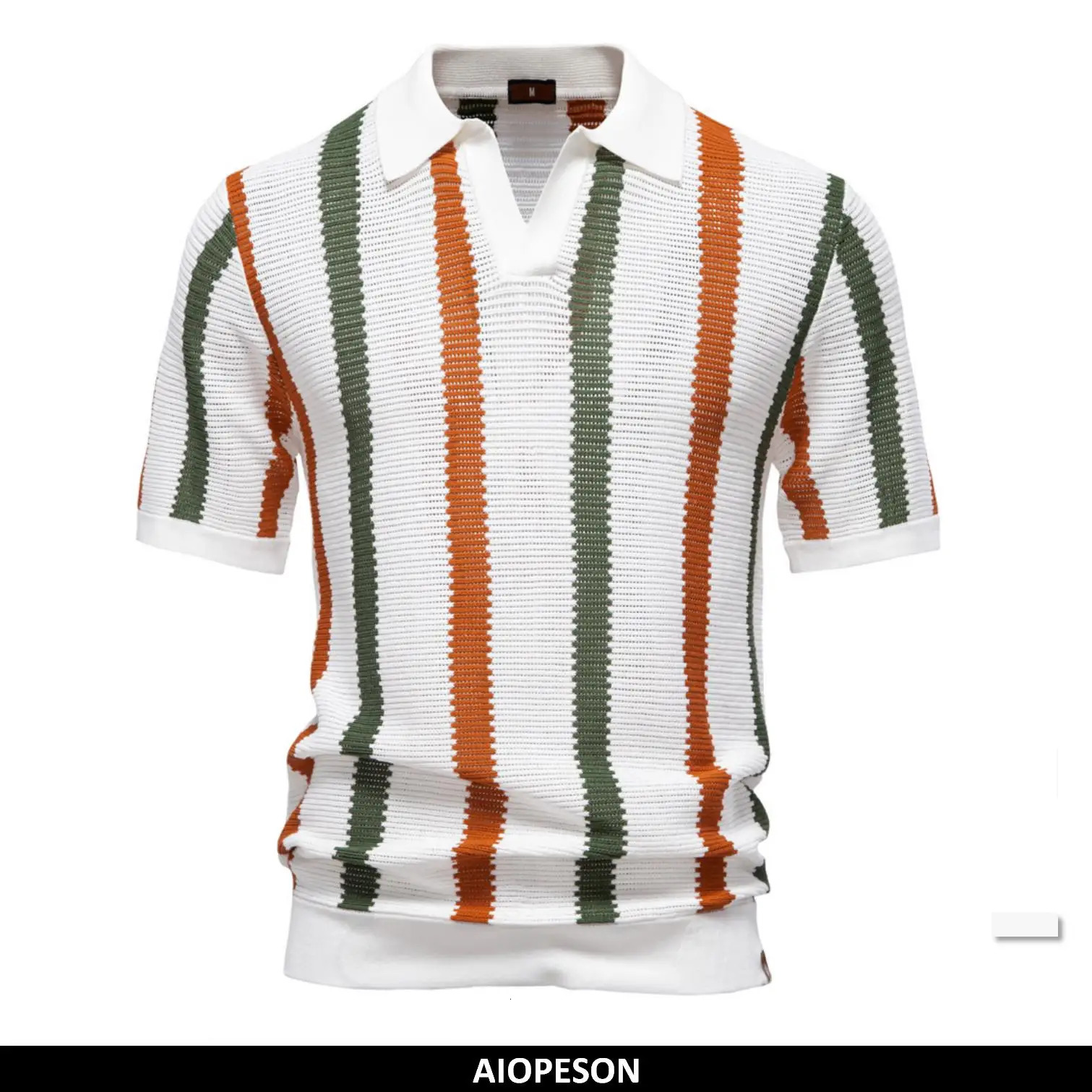 AIOPESON mens ribbed knit polo shirt breathable striped casual wear comfortable collar highquality 250311