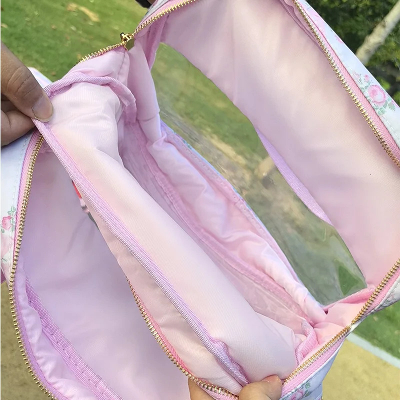 Pink Bow Makeup Bag Nylon Waterproof Large Capacity Travel Dry Wet Separation Double Zipper Storage 250326