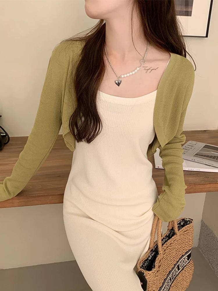 AOSSVIAO white tie summer cardigan womens sexy long sleeved transparent thin crop top fashion fully matched short Tshirt unprinted good product 250326