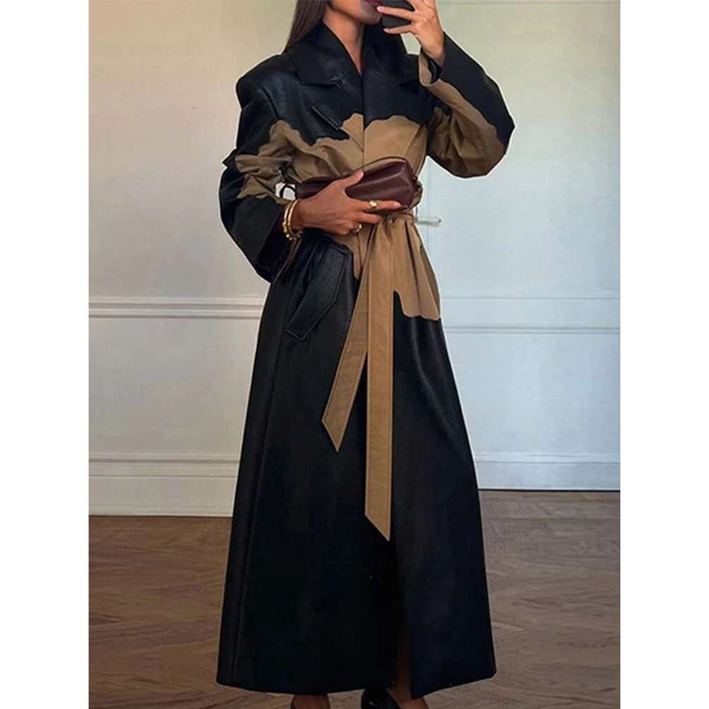 Women's Coat Elegant Contrast Leather Trench Coat Women Lapel Single Breasted Split Female Overcoat With Belt Autumn Winter Lady Outwear