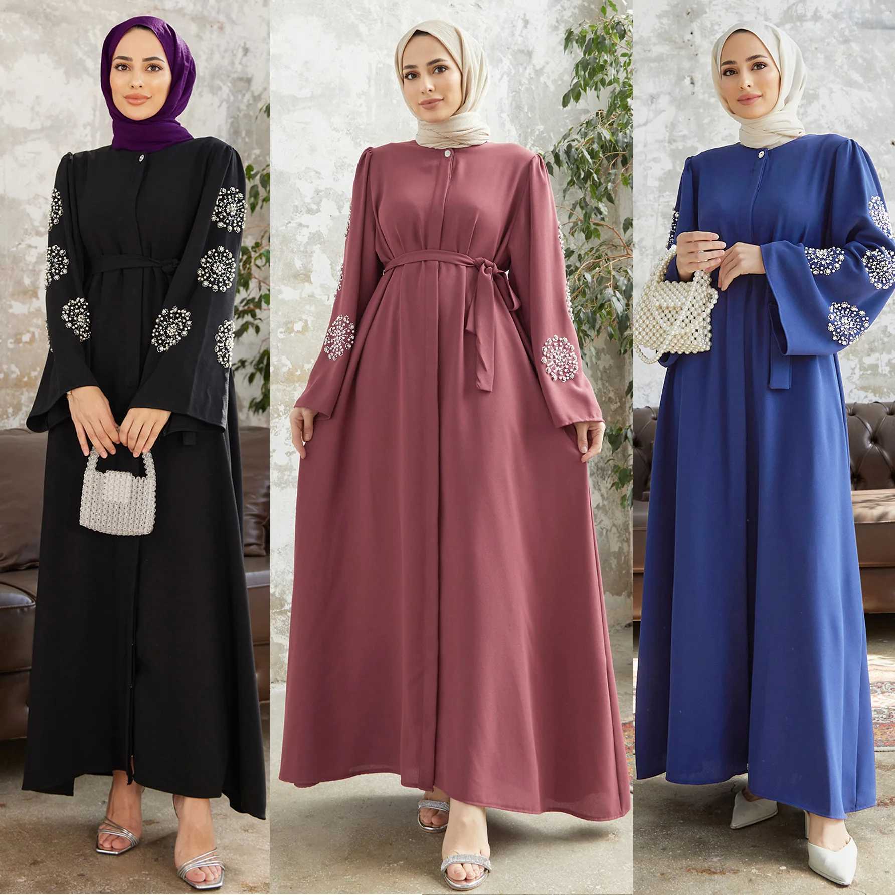 2025 Dubai Women Muslim Abaya Beaded Maxi Dress Turkey Kaftan Modest Eid Ramadan Robe Musulmane Arab Caftan Islamic Clothing Vestido X2505141