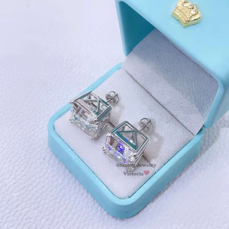 Men Fashion 15MM Asscher Cut VVS Moissanite Diamond Stud Earrings Screw Back