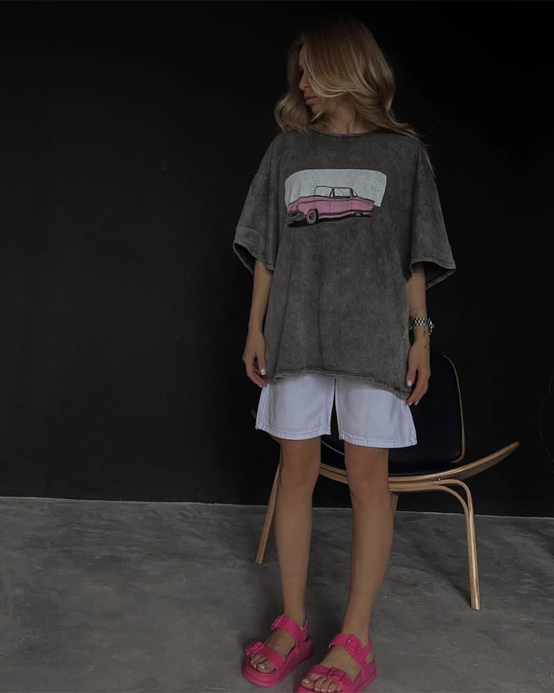 Blessyuki highquality acid washed printed Tshirt for women plus size retro street style mineral girls y top Y2k 250326
