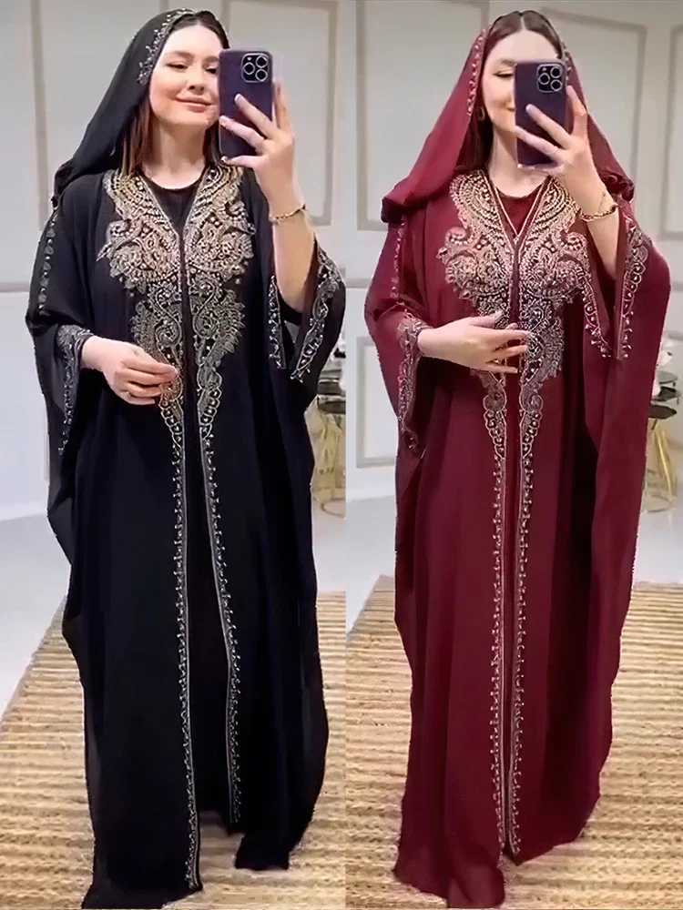 Eid al Fitr womens hooded Abaya 2-piece diamond Jalabiya Moroccan party dress Dubai Abayas Kaftan Vestido long dress X250327