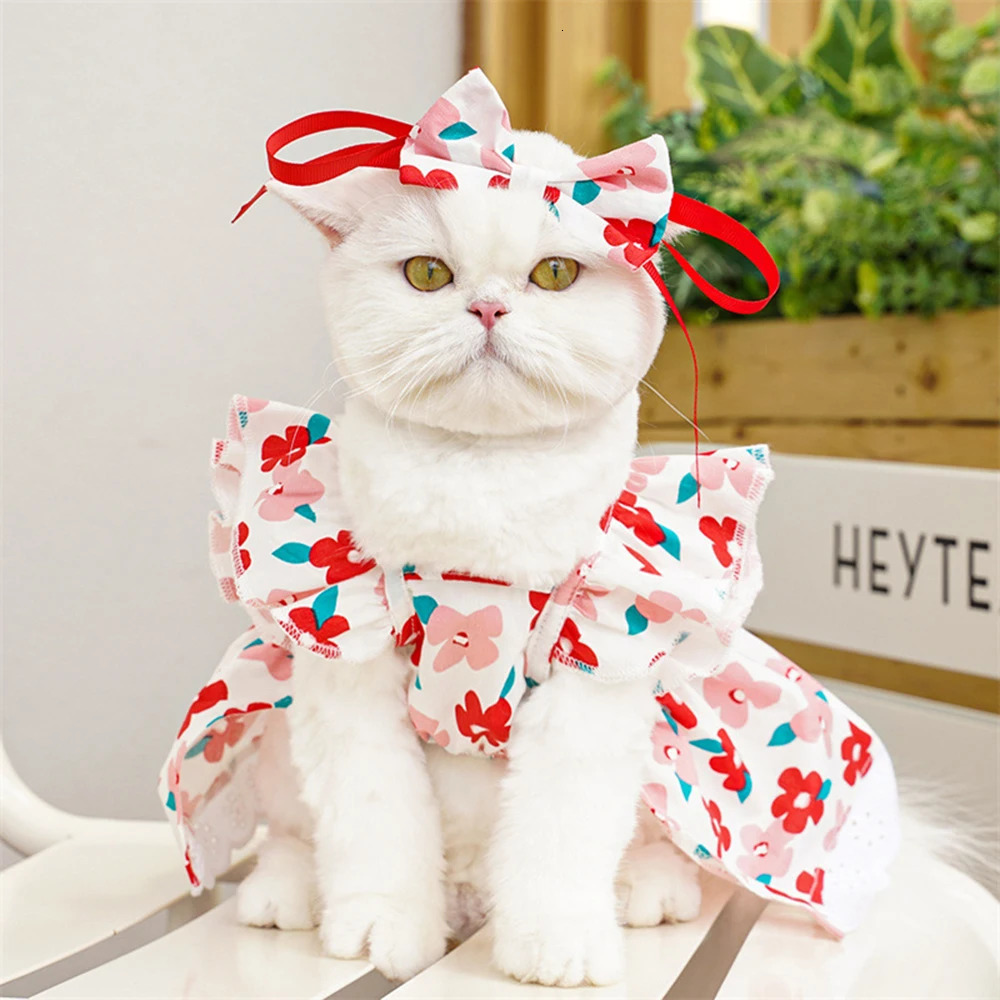 Pet Summer Flying Sleeve Dress Flower Bow Plaid Princess Dresses For Small Dog Cat Fashion Lace Ruffles Puppy Clothes 250326