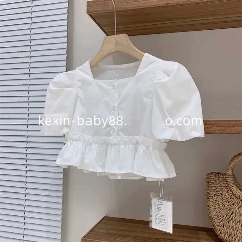 Girls clothing set summer childrens square neckline bubble sleeve shirt lace thin soft jeans two-piece setT250327