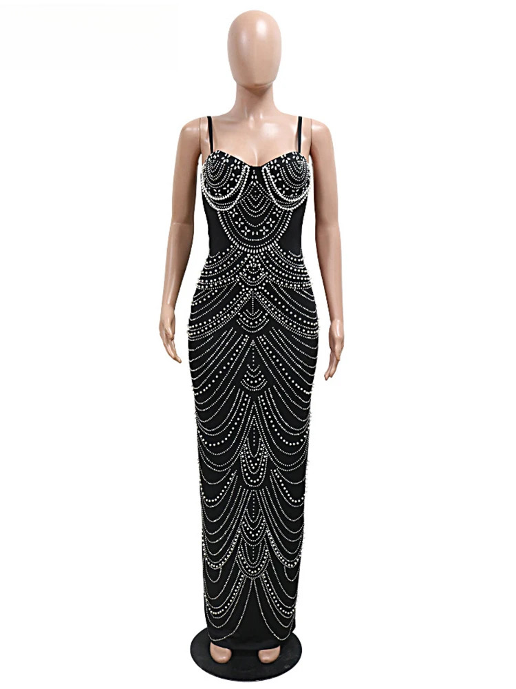 New Sparkly Crystal Rhie Pearl Celebrities Gown Brown Dress Woman Strap Evening Party Birthday Prom Wedding Vestido