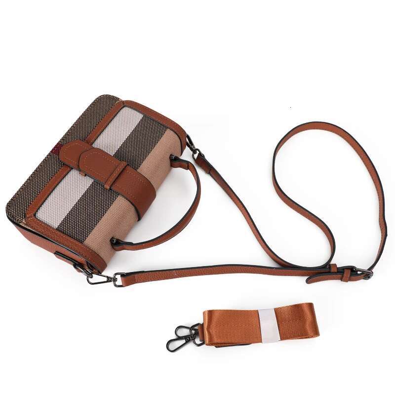 New Women's Single Shoulder Crossbody With Plaid Pattern Canvas And High-Quality Cowhide Small Square Bag