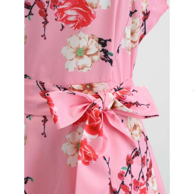 Dongdumaoyi Elegante Bloemen Midi Jurk Met Riem Ronde Hals Korte Mouwen Polyester Wasbaar In De Machine WD