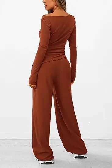Dongdumaoyi Dames Lente Tweedelige Casual Outfit Asymmetrische T Shirt Met Lange Mouwen Wijde Pijpen Broek Jurken WD